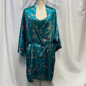 California Dynasty size large‎ Floral Satin Kimono Robe set - Teal oriental sexy